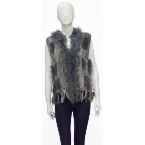 Winter Fur Ladies Grey Genuine Knitted Rabbit Vest With Raccoon Trimming W05V03GR